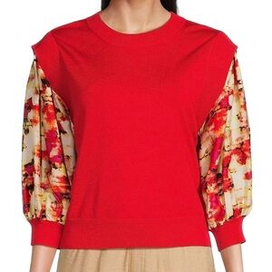 KNY by Donna Karan Mixed Media Printed Satin 3/4 Sleeve Crew Neck Knit Top